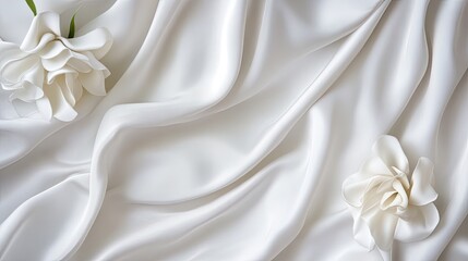 Poster - Elegant Silk Fabric with White Flowers for Decorative Background