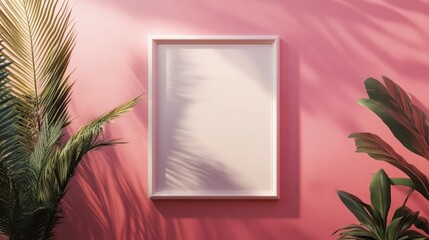 Poster - A beautiful pink wall serves as the backdrop for a blank white frame, embraced by tropical leaves in a tranquil setting. Sunlight casts gentle shadows, creating a serene atmosphere