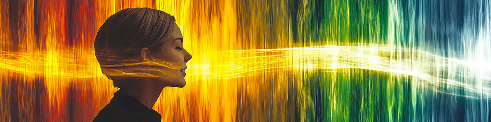 Poster - Glowing Waves Flow From a Human Head Conveying Tranquility and Energy Through Luminous Colors