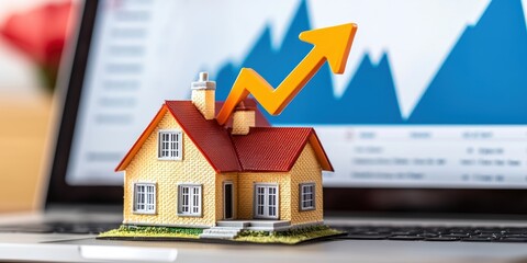 Poster - A miniature house model with an upward arrow symbolizing growth, placed on a laptop displaying financial graphs.