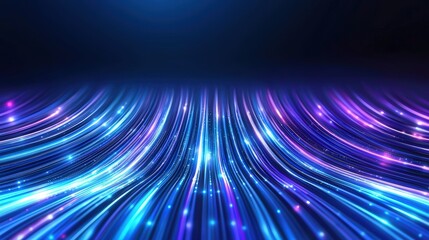 Fototapete - A vibrant display of flowing lines in blue and purple hues, resembling digital waves or light trails against a dark background.