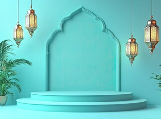 Poster - 3D rendering of an empty podium with lanterns hanging on the wall, Ramadan Islamic concept in a turquoise color background, in a minimal, simple style. 
