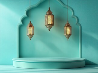 Poster - 3D rendering of an empty podium with lanterns hanging on the wall, Ramadan Islamic concept in a turquoise color background, in a minimal, simple style. 