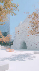 Poster - A modern architectural structure with a unique design, surrounded by trees and a blue sky, creating a serene outdoor space