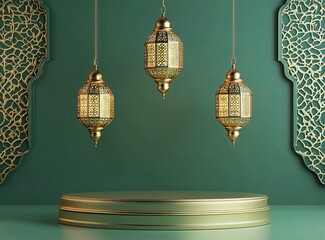Poster - 3D rendering of an empty podium with lantern decorations, a Ramadan Islamic concept background in shades of green and gold, with a minimalist style. 