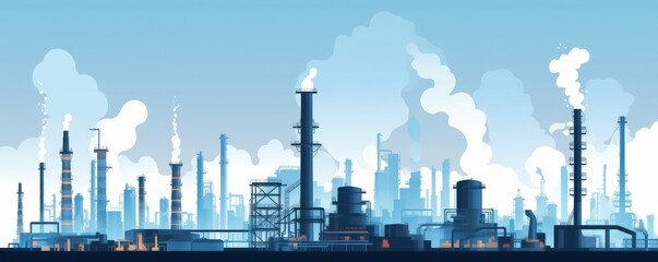 Poster - A digital illustration of an industrial skyline featuring smokestacks, factories, and clouds, showcasing a modern manufacturing environment.