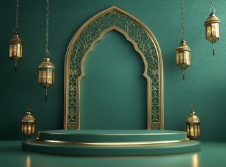 Poster - 3D rendering of an empty podium with lantern decorations, a Ramadan Islamic concept background in shades of green and gold, with a minimalist style. 