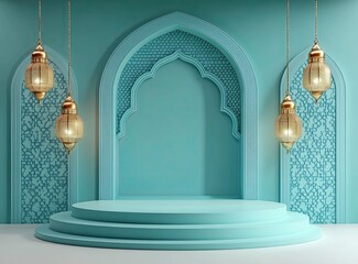 Poster - 3D rendering of an empty podium with lanterns hanging on the wall, Ramadan Islamic concept in a turquoise color background, in a minimal, simple style. 