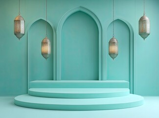 Poster - 3D rendering of an empty podium with lanterns hanging on the wall, Ramadan Islamic concept in a turquoise color background, in a minimal, simple style. 