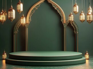 Poster - 3D rendering of an empty podium with lantern decorations, a Ramadan Islamic concept background in shades of green and gold, with a minimalist style. 