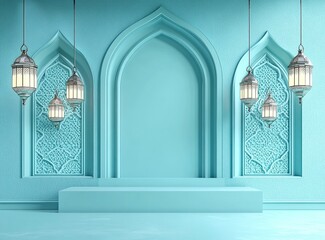 Poster - 3D rendering of an empty podium with lanterns hanging on the wall, Ramadan Islamic concept in a turquoise color background, in a minimal, simple style. 