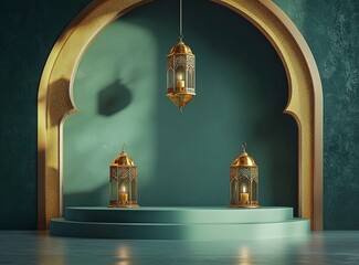 Poster - 3D rendering of an empty podium with lantern decorations, a Ramadan Islamic concept background in shades of green and gold, with a minimalist style. 