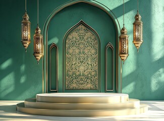 Poster - 3D rendering of an empty podium with lantern decorations, a Ramadan Islamic concept background in shades of green and gold, with a minimalist style. 