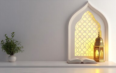 Poster - 3D rendering of an Islamic background with a lantern and book, in white color, with a simple light yellow window shape on the right side featuring an ornamental pattern, and blank space on the left