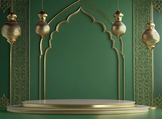 Poster - 3D rendering of an empty podium with lantern decorations, a Ramadan Islamic concept background in shades of green and gold, with a minimalist style. 