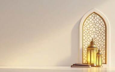 Poster - 3D rendering of an Islamic background with a lantern and book, in white color, with a simple light yellow window shape on the right side featuring an ornamental pattern, and blank space on the left