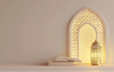 Poster - 3D rendering of an Islamic background with a lantern and book, in white color, with a simple light yellow window shape on the right side featuring an ornamental pattern, and blank space on the left