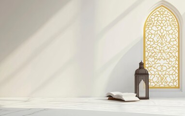 Poster - 3D rendering of an Islamic background with a lantern and book, in white color, with a simple light yellow window shape on the right side featuring an ornamental pattern, and blank space on the left