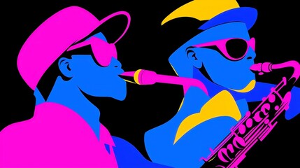 Poster - Vibrant Abstract Jazz Fusion, dynamic colors and patterns, fluid musical expression, bold outlines, pop art influence, geometric design, cool neon-lit palette.