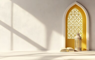 Poster - 3D rendering of an Islamic background with a lantern and book, in white color, with a simple light yellow window shape on the right side featuring an ornamental pattern, and blank space on the left