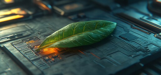Poster - Single leaf lying on a technological circuit board, futuristic background with glowing lights
