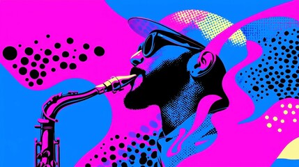 Poster - Vibrant Jazz Expression, dynamic brushstrokes capture the essence of spontaneous jazz improvisation, featuring bold outlines and a cool neon color palette in a pop art style