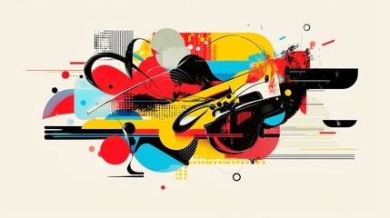Poster - Jazz Vibes in Motion, fluid shapes reflecting artistic jazz notes, retro-inspired design, bold black outlines, simple solid colors, cool neon-lit color palette, geometric pop art style