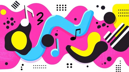 Poster - Bebop Rhythm, vibrant abstract art featuring kinetic energy, bold black outlines, mid-century forms, and a cool neon color palette in a geometric, pop art style.