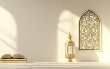 Poster - 3D rendering of an Islamic background with a lantern and book, in white color, with a simple light yellow window shape on the right side featuring an ornamental pattern, and blank space on the left