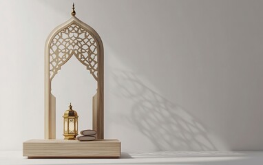Poster - 3D rendering of an Islamic background with white space in the center, featuring a lantern and Quran on a wooden stand with a window pattern behind them. The design is minimalistic and simple, creating