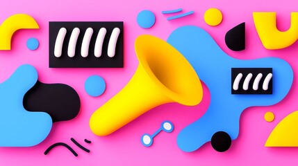 Poster - Vibrant Jazz Expression, dynamic swirling patterns create a lively musical narrative with bold outlines, solid colors, and a cool neon palette in a geometric pop art style
