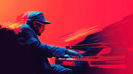 Poster - Retro Jazz Vibes, a stylish design featuring a cool jazz pianist, warm nostalgic background, bold outlines, simple colors, geometric shapes, and a vibrant neon color palette.