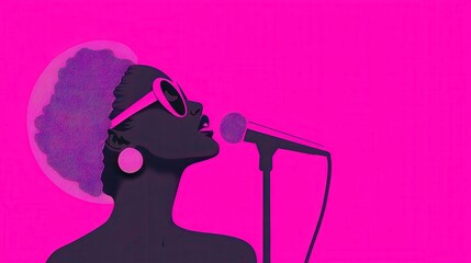 Poster - Jazz Elegance in Neon, an elegant jazz singer in a spotlight, striking a graceful pose, featuring bold contrasts, black outlines, and a vibrant pop art style with a cool color palette.