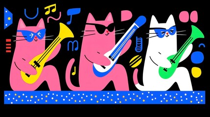 Poster - Funky Jazz Cats in Whimsical Mid-Century Modern Style, Bold Outlines, Simple Colors, Pop Art Influence, Clean Geometric Design, Cool Neon Color Palette