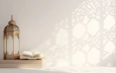 Poster - 3D rendering of an Islamic background with white space in the center, featuring a lantern and Quran on a wooden stand with a window pattern behind them. The design is minimalistic and simple, creating