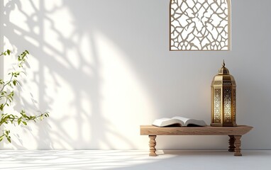 Poster - 3D rendering of an Islamic background with white space in the center, featuring a lantern and Quran on a wooden stand with a window pattern behind them. The design is minimalistic and simple, creating