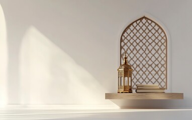 Poster - 3D rendering of an Islamic background with white space in the center, featuring a lantern and Quran on a wooden stand with a window pattern behind them. The design is minimalistic and simple, creating