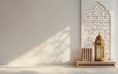 Poster - 3D rendering of an Islamic background with white space in the center, featuring a lantern and Quran on a wooden stand with a window pattern behind them. The design is minimalistic and simple, creating