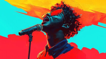 Poster - Vibrant Jazz Vocalist, a dynamic performance illustrated with bold colors, striking black outlines, and a pop art influence, showcasing a cool neon-lit color palette in a geometric style