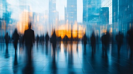 Poster - Crowds of blurred figures traverse a bustling urban plaza as the sun sets, casting golden hues and deep shadows against towering glass buildings, breathing life into the evening