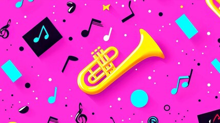Poster - Vibrant Mid-Century Brass Ensemble, playful brass instruments amidst scattered musical notes, bold black outlines, simple solid colors, cool neon-lit pop art style with geometric design