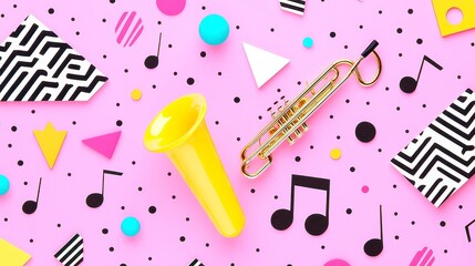 Poster - Energetic Pop Art Brass Ensemble, vibrant brass instruments, scattered musical notes, bold black outlines, simple solid colors, cool neon-lit palette, geometric style, playful and lively design