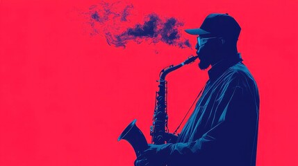 Poster - Saxophonist in vibrant retro hues, bold silhouettes and clean lines, capturing vintage jazz aesthetics, infused with a cool neon color palette and pop art flair.