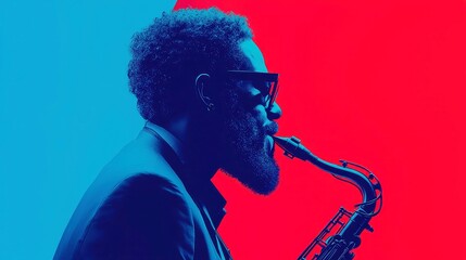Poster - Saxophonist Silhouette in Neon Retro, vibrant colors evoke vintage jazz aesthetics, bold outlines create a pop art feel, featuring clean geometric shapes and a cool palette.