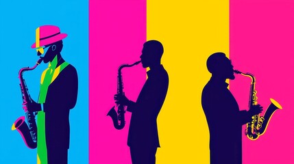 Poster - Dynamic Jazz Silhouettes, vibrant overlapping shapes convey rhythmic energy, bold black outlines and solid colors echo pop art in a cool neon-lit palette.
