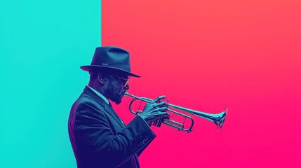 Poster - Swinging trumpet player in a stylish fedora, bold black outlines, mid-century modern jazz style, pop art influence, featuring a vibrant cool and neon-lit color palette.