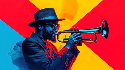 Poster - Swinging Trumpet Player in Mid-Century Jazz Style, Bold Black Outlines, Simple Solid Colors, Pop Art Influence, Cool Neon-Lit Color Palette, Geometric Design Elements