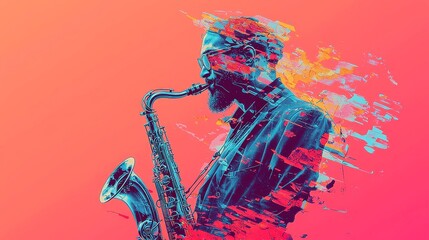 Poster - Vibrant saxophone player in abstract mid-century modern style, retro jazz club ambiance with bold outlines, solid colors, and a cool neon-lit palette, reminiscent of pop art.