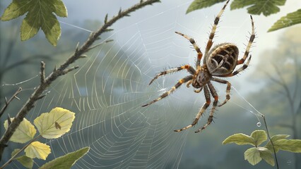 Wall Mural - spider's realm: a meticulously crafted illustration captures a detailed spider suspended in the web,