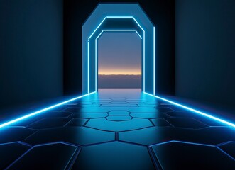 Poster - 3d rendering of hexagonal floor with light coming from the top in black color, with blue lights on bottom and background is dark sky. The view should be at eye level looking towards camera. 